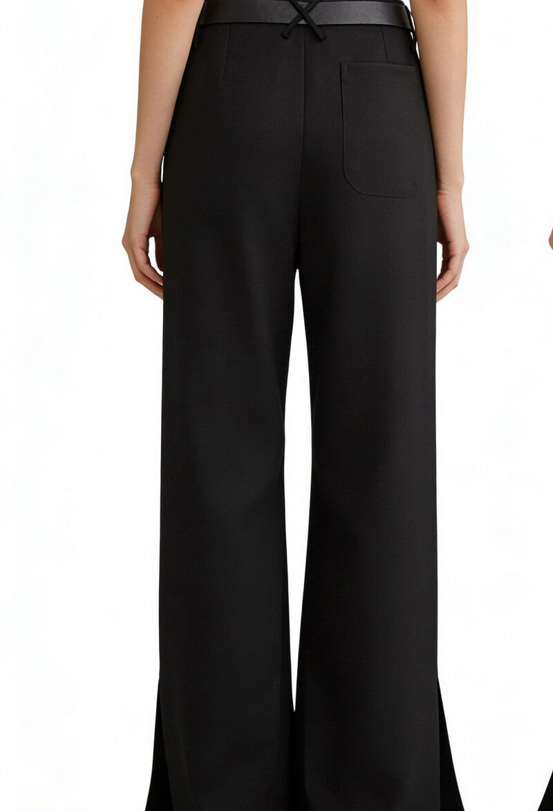 NURO Women's Low-Rise Trousers, V-Waist Belted Wide Leg Pants