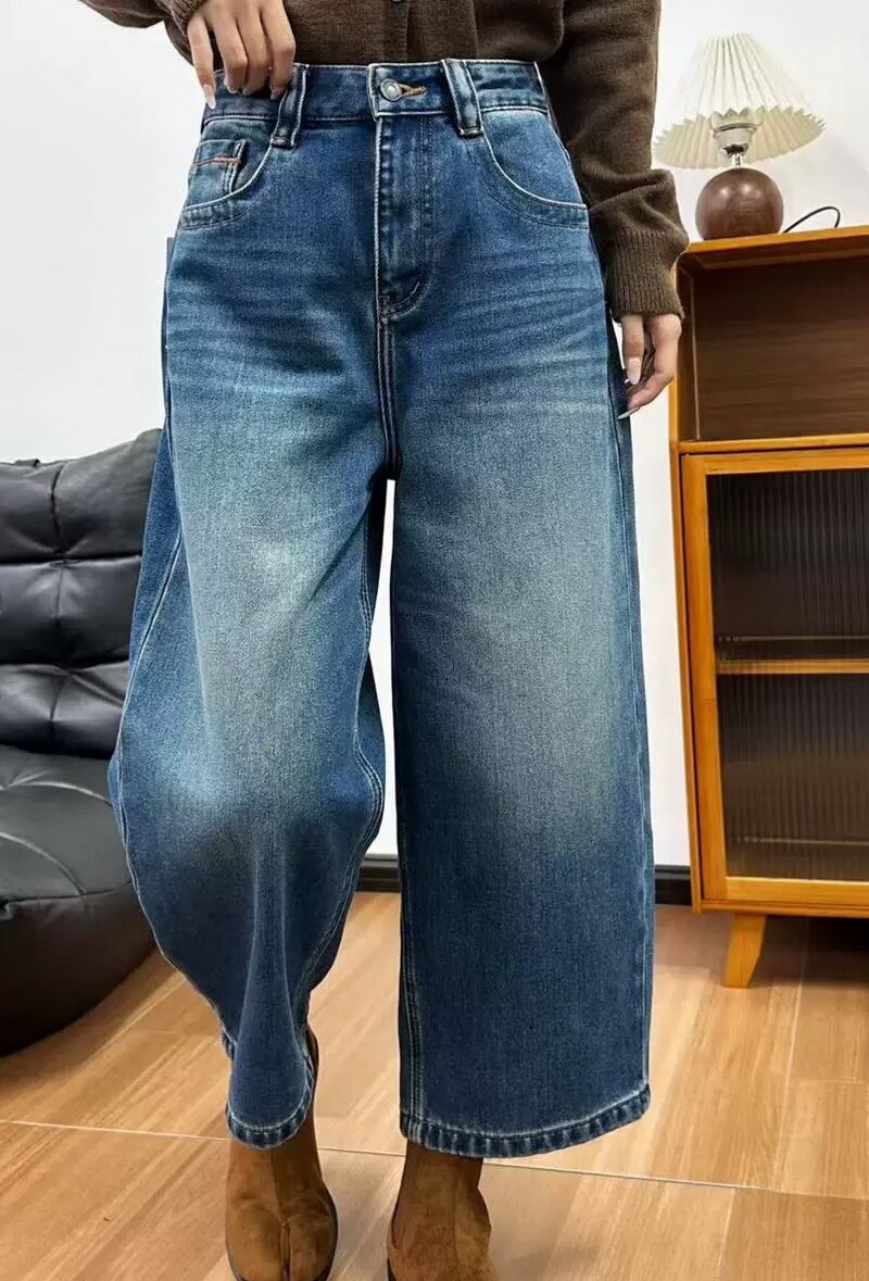 NURO Women's Low Rise Flared Leg Jeans, Winter Fleece Lined Cropped Denim Pants