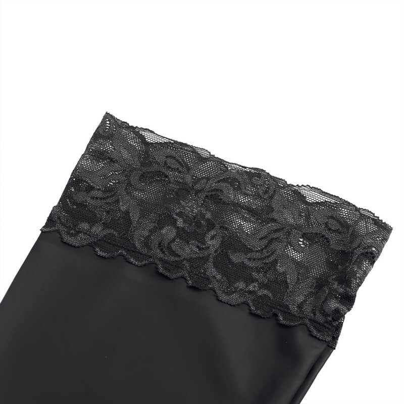 NURO Women's Matt PU Leather Lace Trim Thigh High Stockings