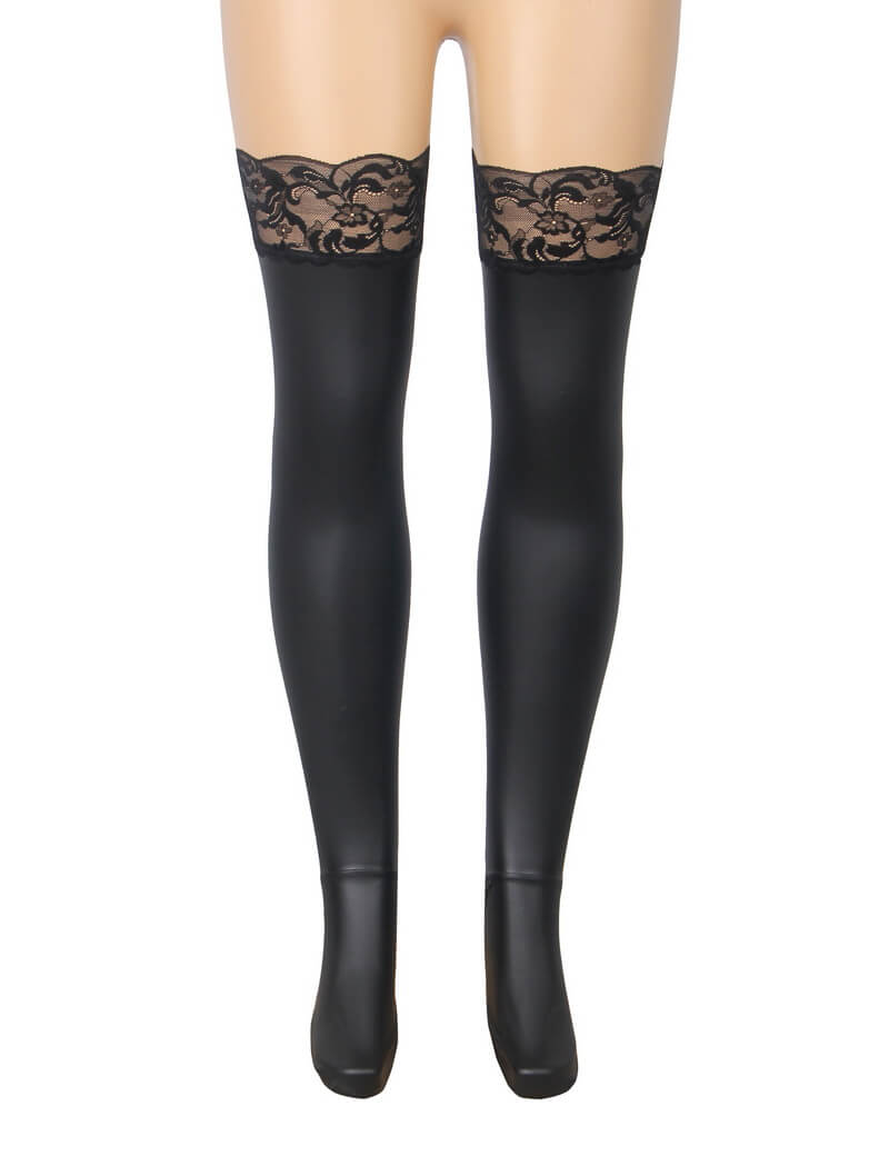 NURO Women's Matt PU Leather Lace Trim Thigh High Stockings