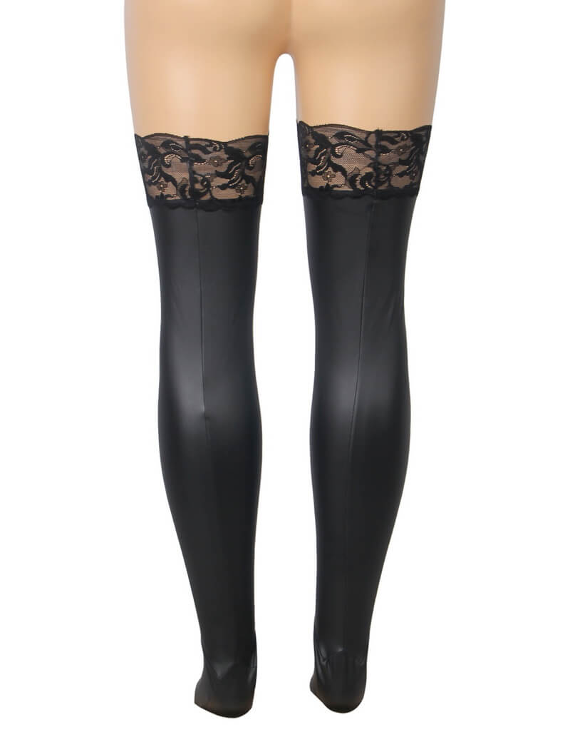 NURO Women's Matt PU Leather Lace Trim Thigh High Stockings