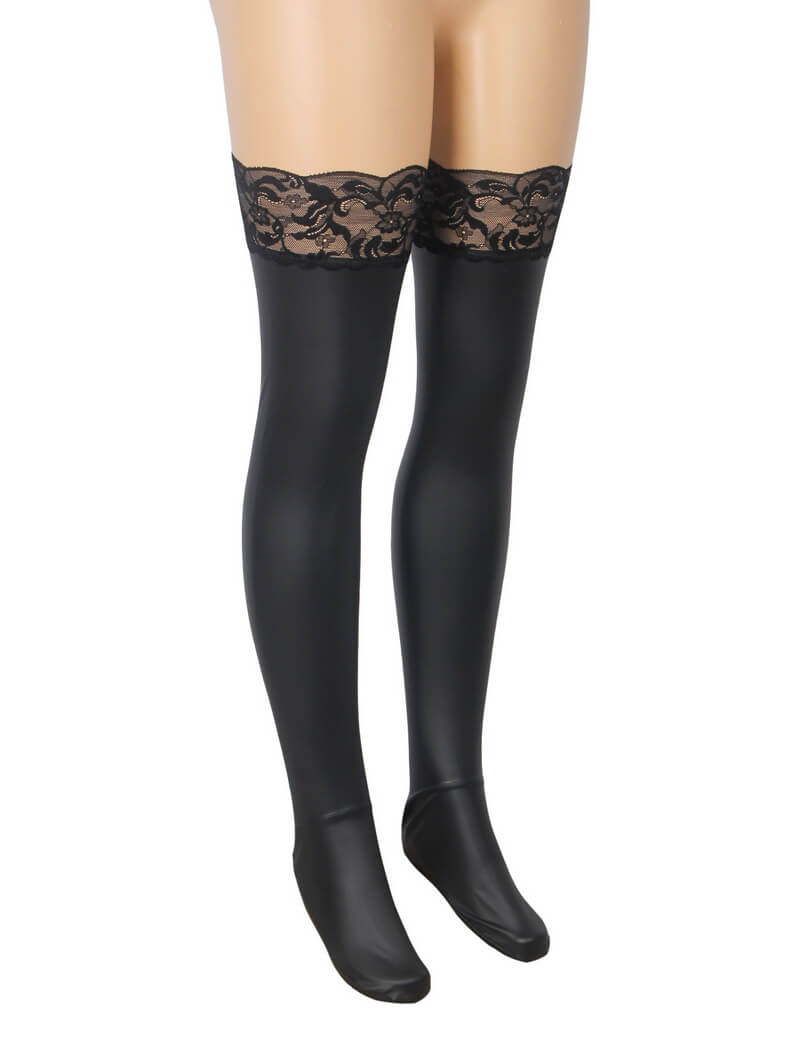 NURO Women's Matt PU Leather Lace Trim Thigh High Stockings