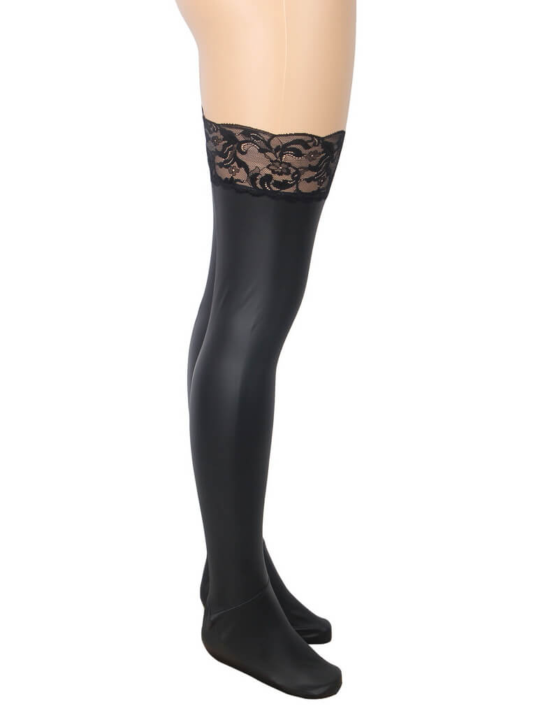 NURO Women's Matt PU Leather Lace Trim Thigh High Stockings