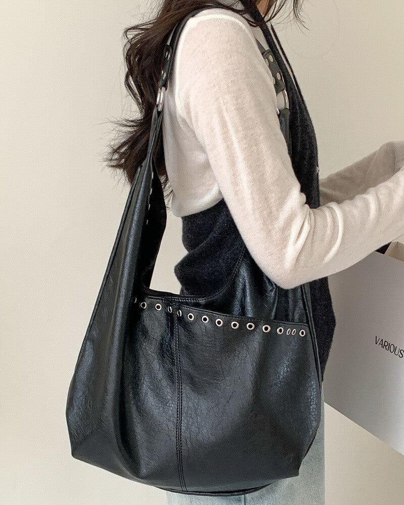 NURO Women's Medium Bucket Bag Vintage Rivet Detail Shoulder Tote Bag