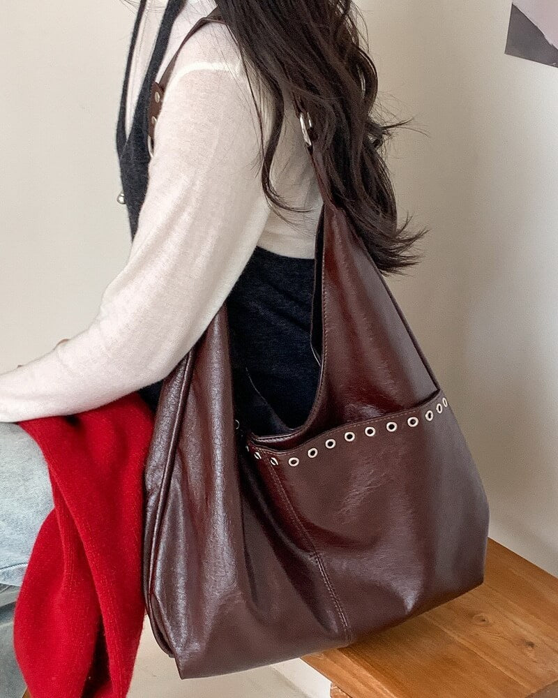 NURO Women's Medium Bucket Bag Vintage Rivet Detail Shoulder Tote Bag