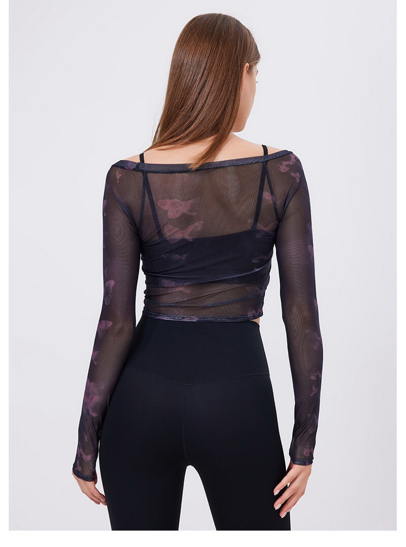 NURO Women's Mesh-Panel Two-Layer Sports Top with Padded Bra