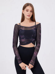 NURO Women's Mesh-Panel Two-Layer Sports Top with Padded Bra