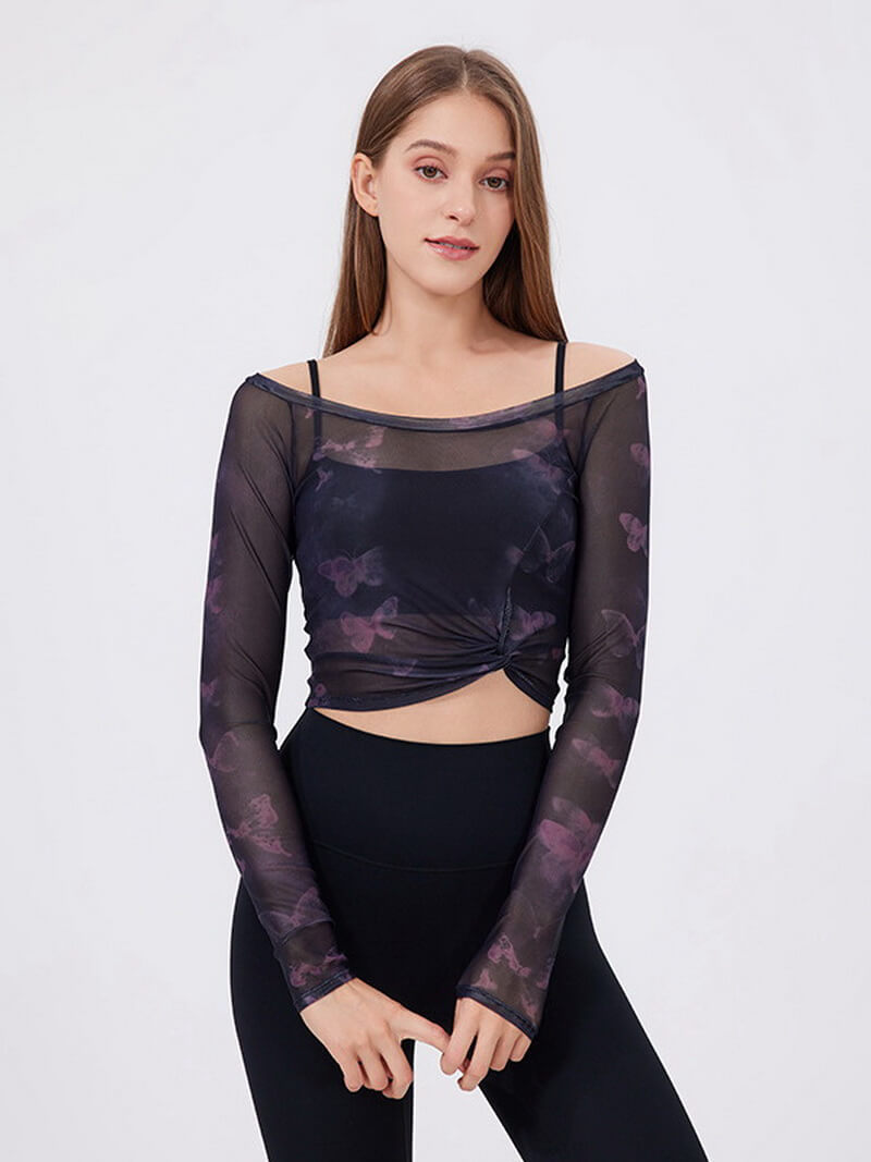 NURO Women's Mesh-Panel Two-Layer Sports Top with Padded Bra