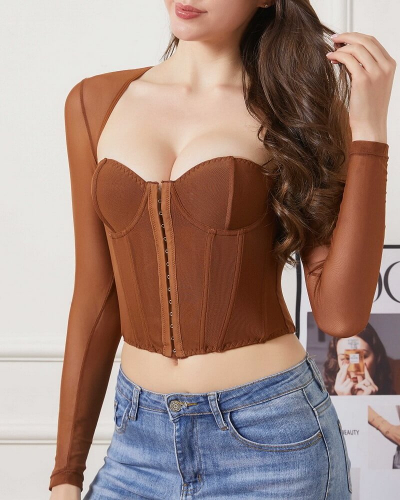 NURO Women's Mesh Front-Button Corset Top – 3D Jacquard Long Sleeve Crop Top