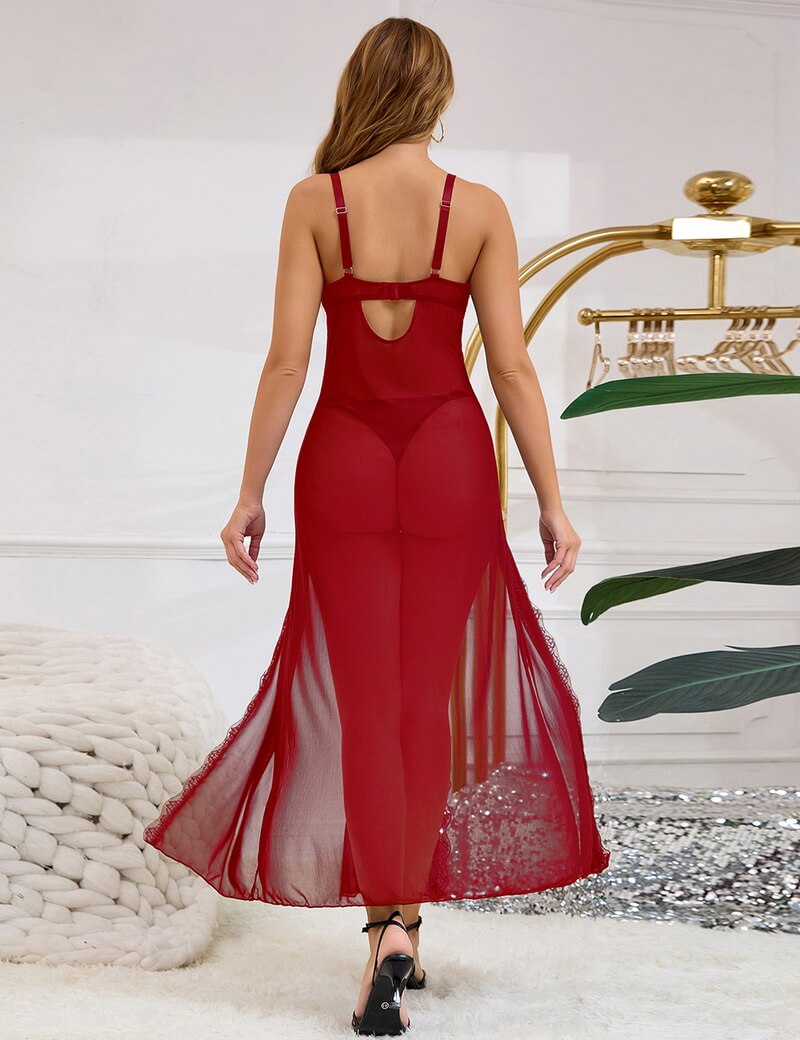 NURO Women's Mesh Lace Long Slit Nightgown Open Back Gown with G-String