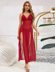 NURO Women's Mesh Lace Long Slit Nightgown Open Back Gown with G-String