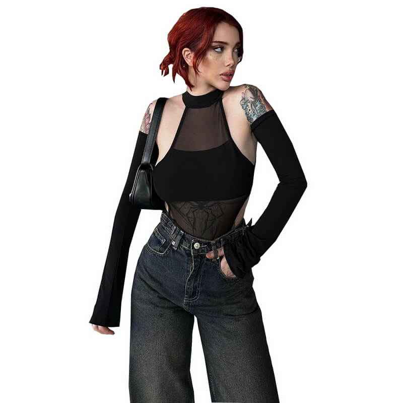 NURO Women's Mesh Long Sleeve Bodysuit - High Neck, Sheer Cutout, High Waist, Seamless Top
