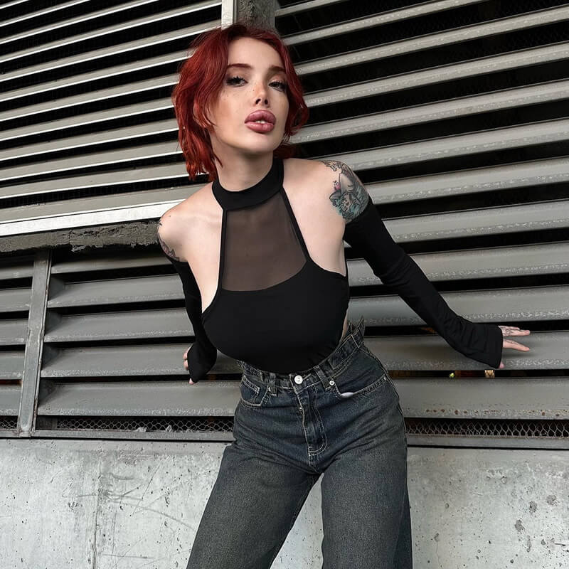 NURO Women's Mesh Long Sleeve Bodysuit - High Neck, Sheer Cutout, High Waist, Seamless Top