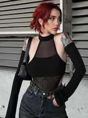 NURO Women's Mesh Long Sleeve Bodysuit - High Neck, Sheer Cutout, High Waist, Seamless Top