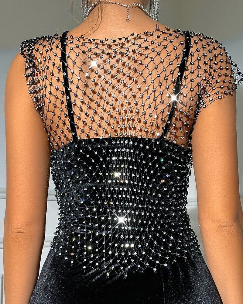 NURO Women's Mesh Long Sleeve Top Sequin Embellished Bell Sleeve Shirt