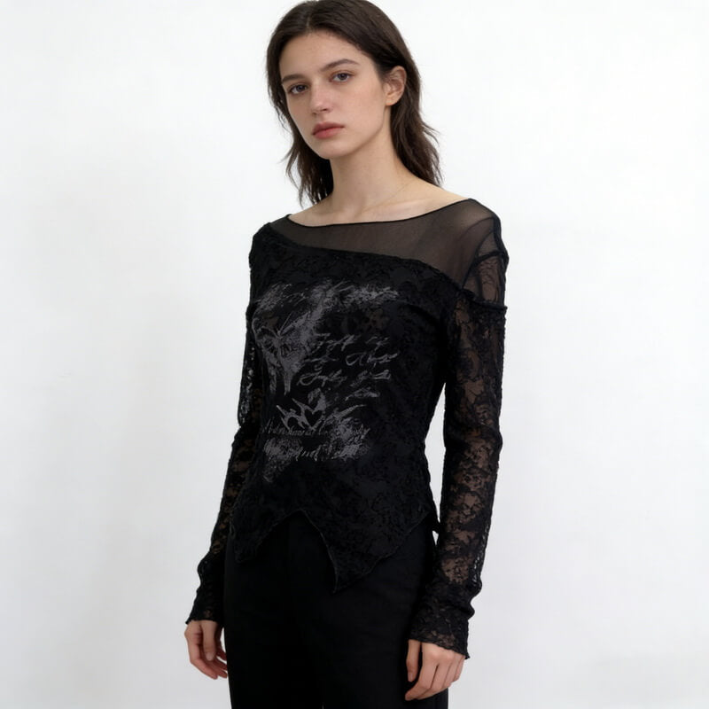 NURO Women's Mesh Panel Long Sleeve Top, Grunge Butterfly Graphic Cropped Tee, Textured Bodycon Casual Shirt