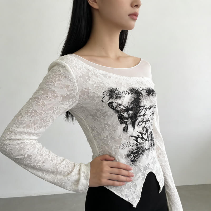 NURO Women's Mesh Panel Long Sleeve Top, Grunge Butterfly Graphic Cropped Tee, Textured Bodycon Casual Shirt