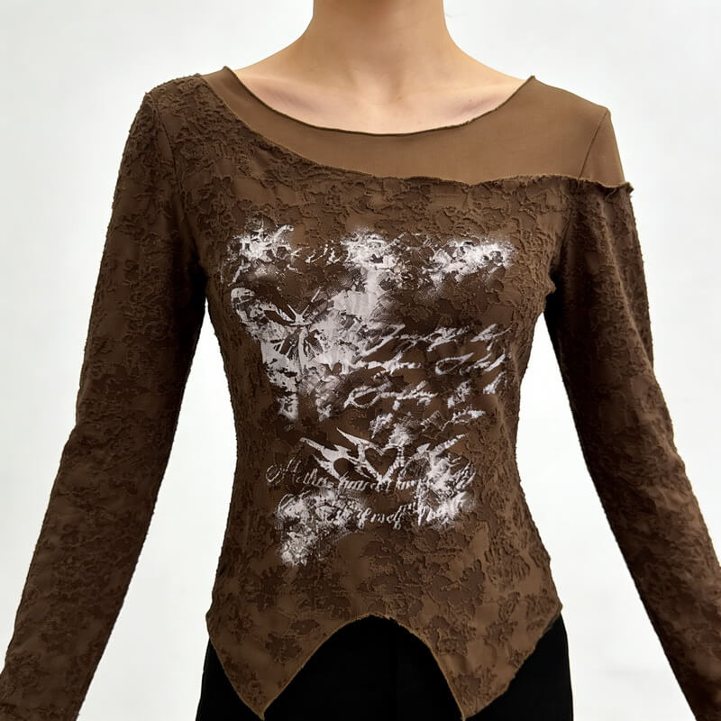 NURO Women's Mesh Panel Long Sleeve Top, Grunge Butterfly Graphic Cropped Tee, Textured Bodycon Casual Shirt