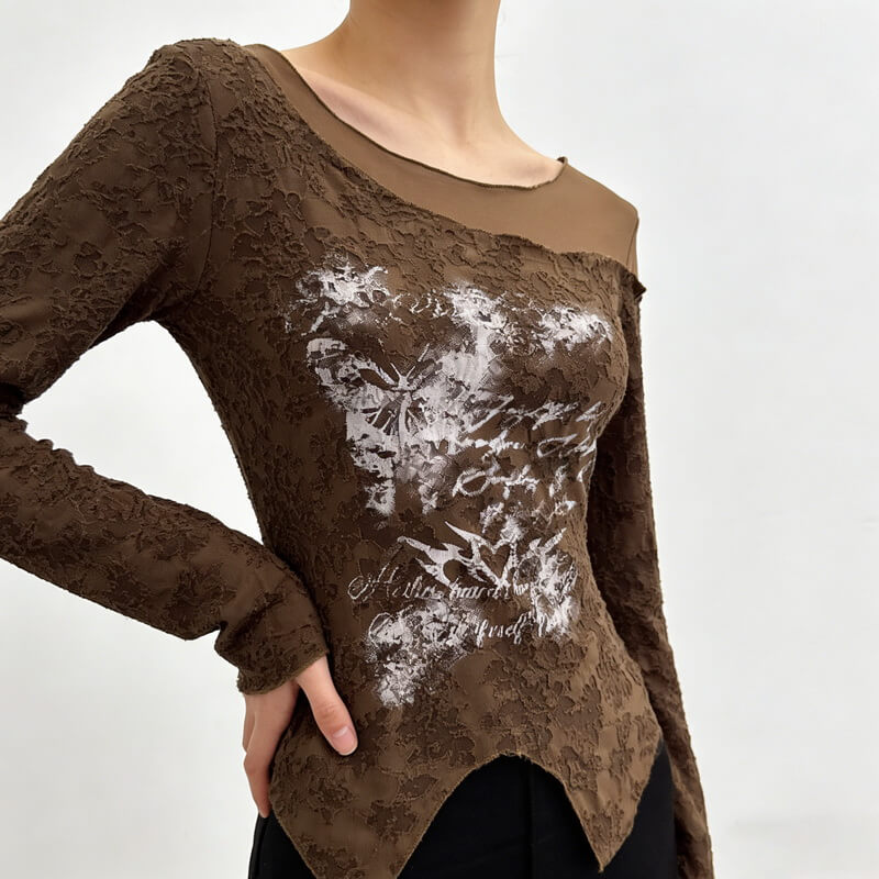 NURO Women's Mesh Panel Long Sleeve Top, Grunge Butterfly Graphic Cropped Tee, Textured Bodycon Casual Shirt