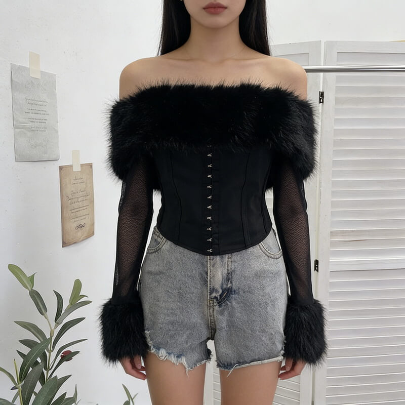 NURO Women's Mesh Panel Long Sleeve Top, Off-Shoulder Cropped Tee with Faux Fur Trim, Sexy Bodycon Two-Piece Set