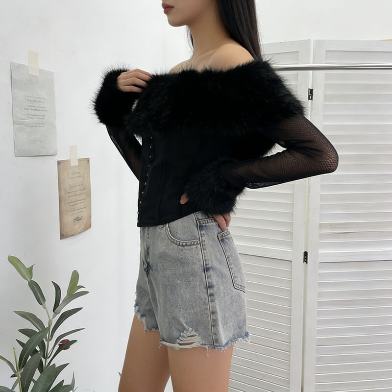 NURO Women's Mesh Panel Long Sleeve Top, Off-Shoulder Cropped Tee with Faux Fur Trim, Sexy Bodycon Two-Piece Set