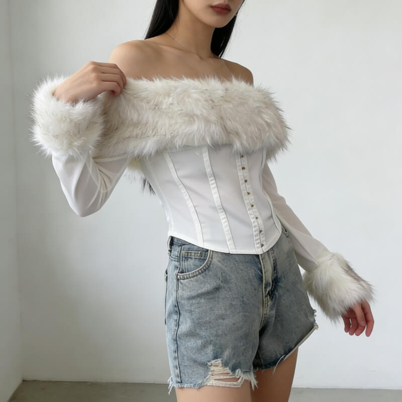 NURO Women's Mesh Panel Long Sleeve Top, Off-Shoulder Cropped Tee with Faux Fur Trim, Sexy Bodycon Two-Piece Set