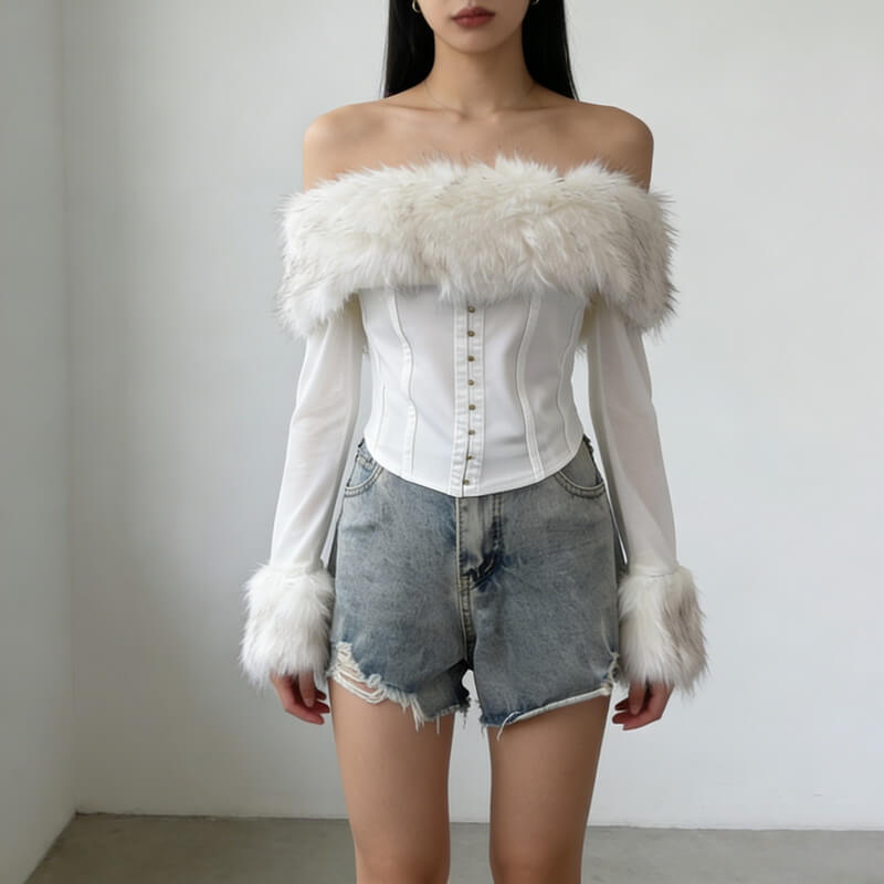 NURO Women's Mesh Panel Long Sleeve Top, Off-Shoulder Cropped Tee with Faux Fur Trim, Sexy Bodycon Two-Piece Set