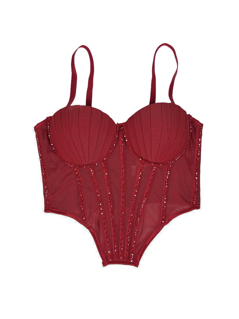 NURO Women's Mesh Rhinestone Bustier Top - Underbust Corset with Detachable Straps