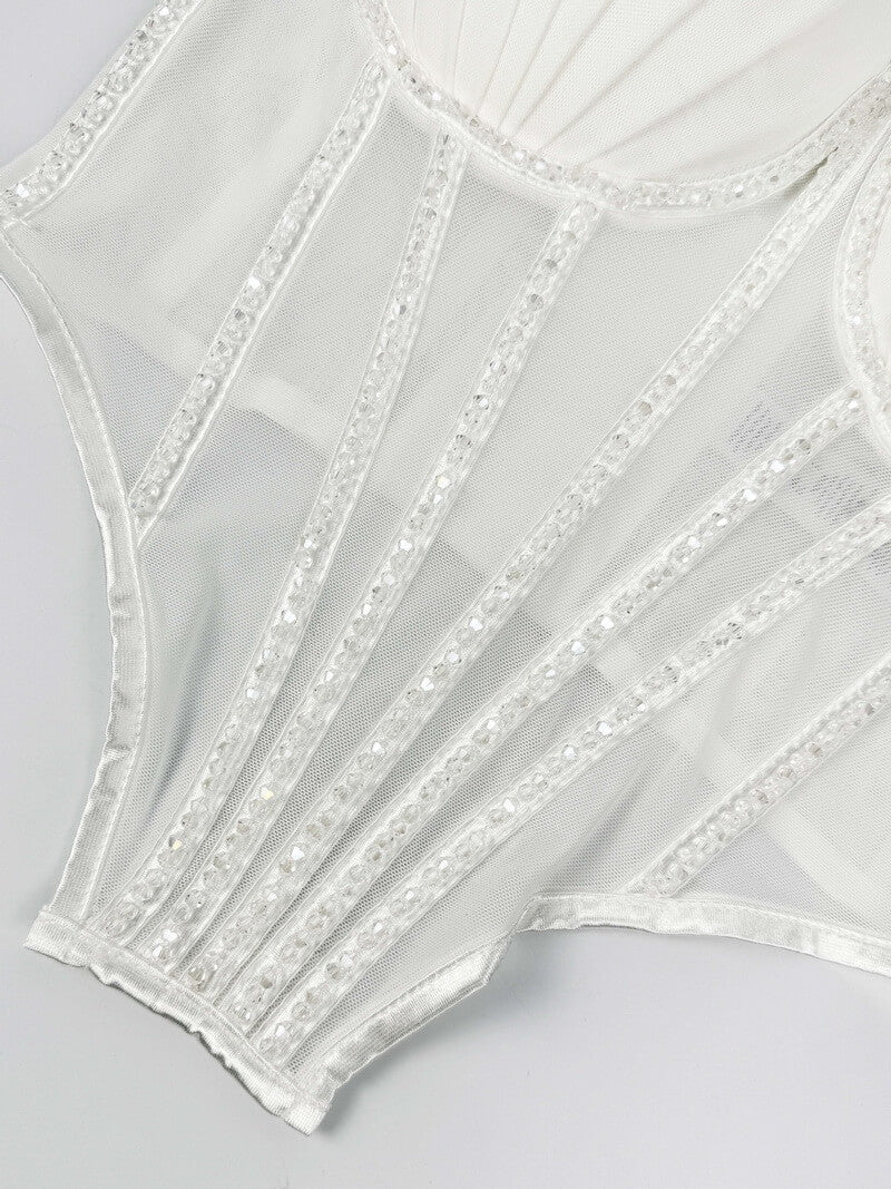 NURO Women's Mesh Rhinestone Bustier Top - Underbust Corset with Detachable Straps