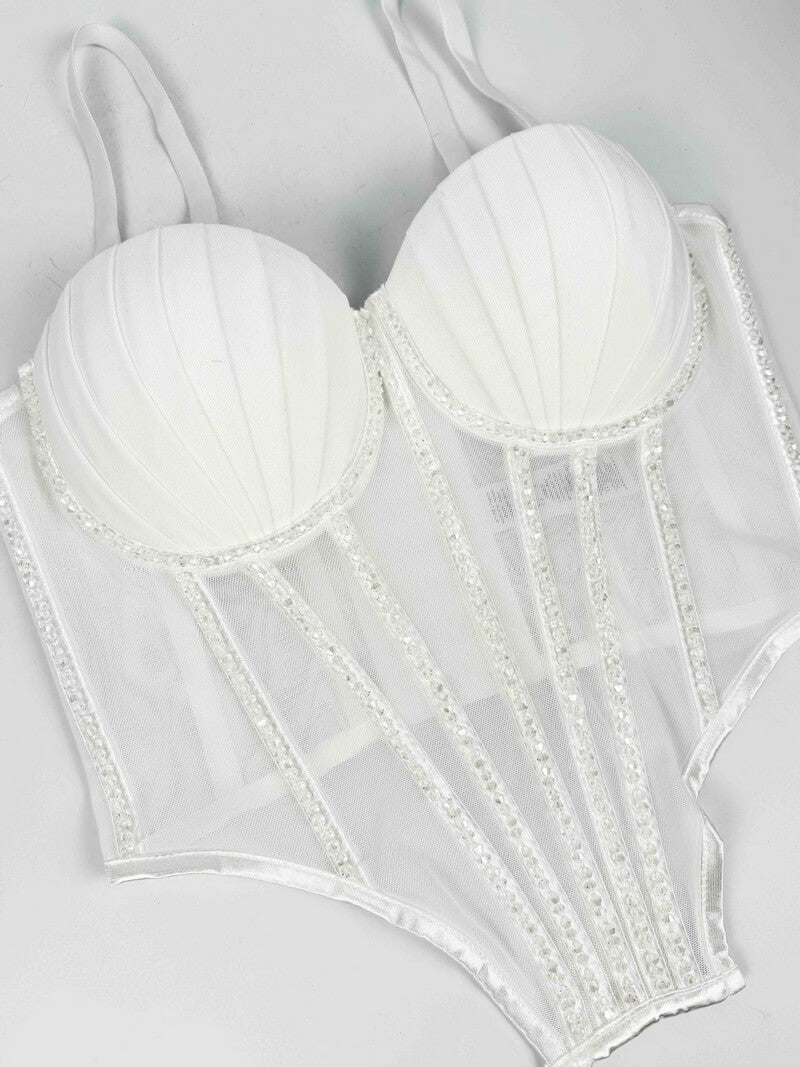NURO Women's Mesh Rhinestone Bustier Top - Underbust Corset with Detachable Straps