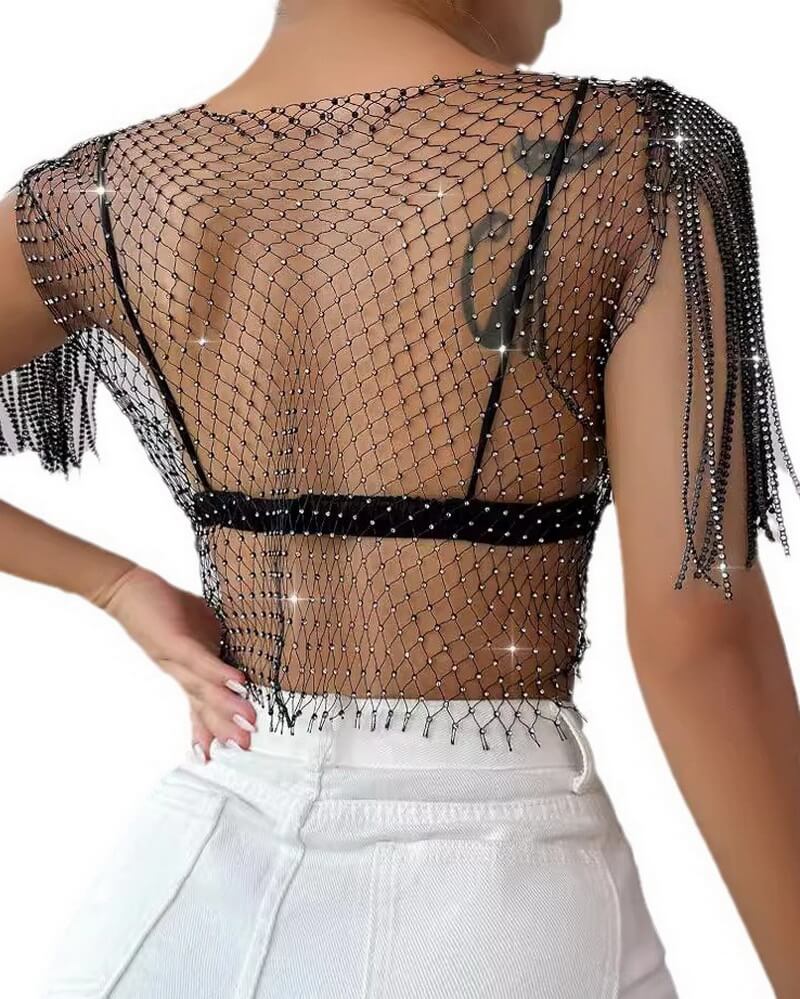 NURO Women's Mesh Rhinestone Top Sexy See-Through Short Sleeve Shirt