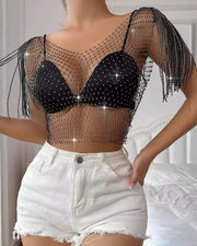NURO Women's Mesh Rhinestone Top Sexy See-Through Short Sleeve Shirt