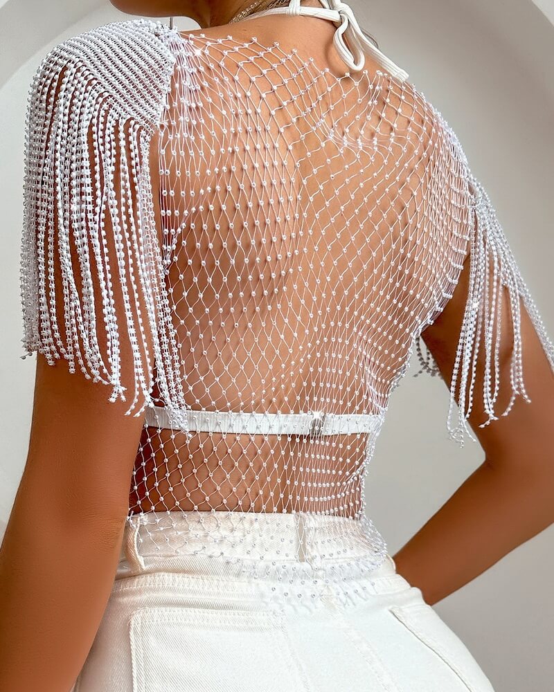 NURO Women's Mesh Rhinestone Top Sexy See-Through Short Sleeve Shirt