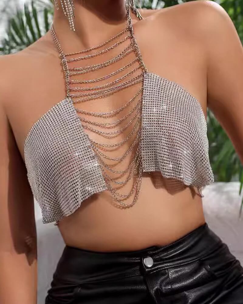 NURO Women's Metal Chain Halter Top Body Jewelry Cami Top