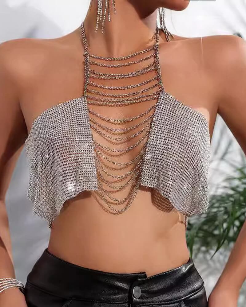 NURO Women's Metal Chain Halter Top Body Jewelry Cami Top