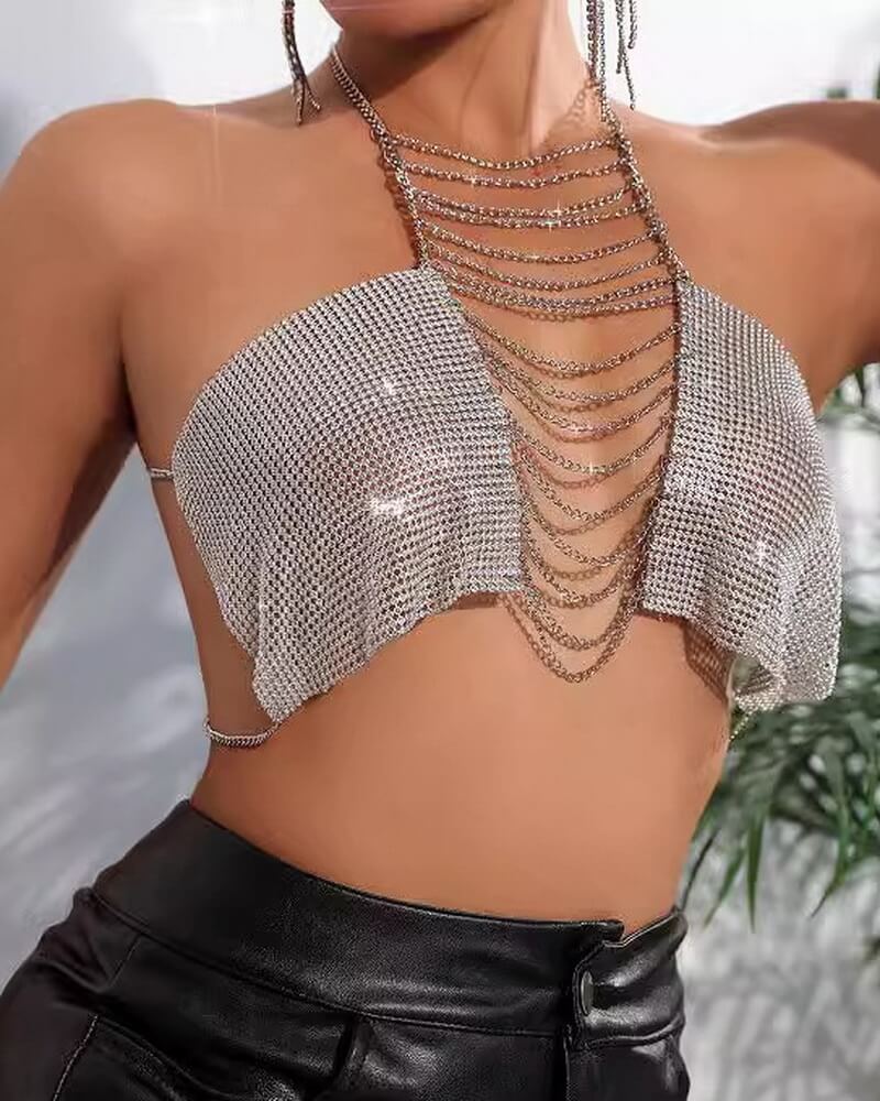 NURO Women's Metal Chain Halter Top Body Jewelry Cami Top