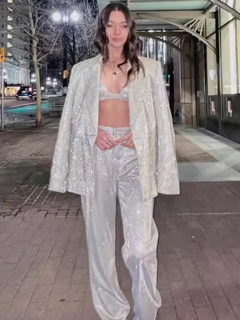 NURO Women's Metallic Blazer Lace Bralette Wide Leg Pants 3-Piece Suit Set