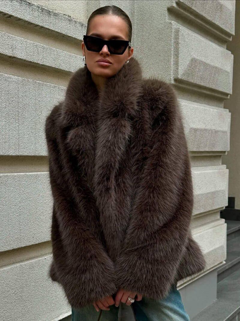 NURO Women's Mid-Length Notch Collar Faux Fur Coat, Elegant Office Trench, Brown Winter Outerwear