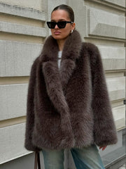 NURO Women's Mid-Length Notch Collar Faux Fur Coat, Elegant Office Trench, Brown Winter Outerwear