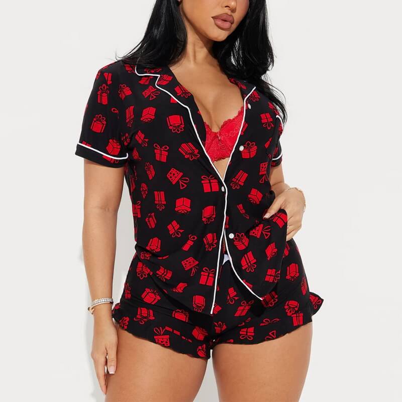 NURO Women's Milk Silk Loungewear Set, Short Sleeve Button-Down Top and Shorts Two-Piece