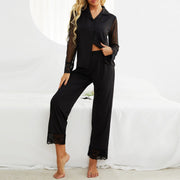 NURO Women's Modal-like Long Sleeve Pajama Set with Sheer Mesh Trim, Button-Down Top and Lounge Pants, Comfortable Home Wear or Casual Outfit