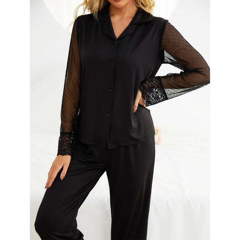 NURO Women's Modal-like Long Sleeve Pajama Set with Sheer Mesh Trim, Button-Down Top and Lounge Pants, Comfortable Home Wear or Casual Outfit