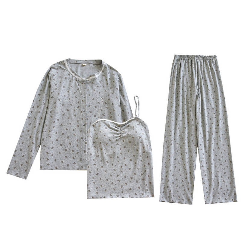 NURO Women's Modal 3-Piece Sleepwear Set with Built-in Bra Sleeveless Top, Floral Print Pajamas, Long Sleeve Robe and Pants for All Season Comfort