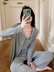 NURO Women's Modal 3-Piece Sleepwear Set with Built-in Bra Sleeveless Top, Floral Print Pajamas, Long Sleeve Robe and Pants for All Season Comfort