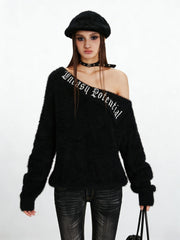 NURO Women's Mohair Boat Neck Knit Top, Off-Shoulder Short Sweater with Embroidery Detail