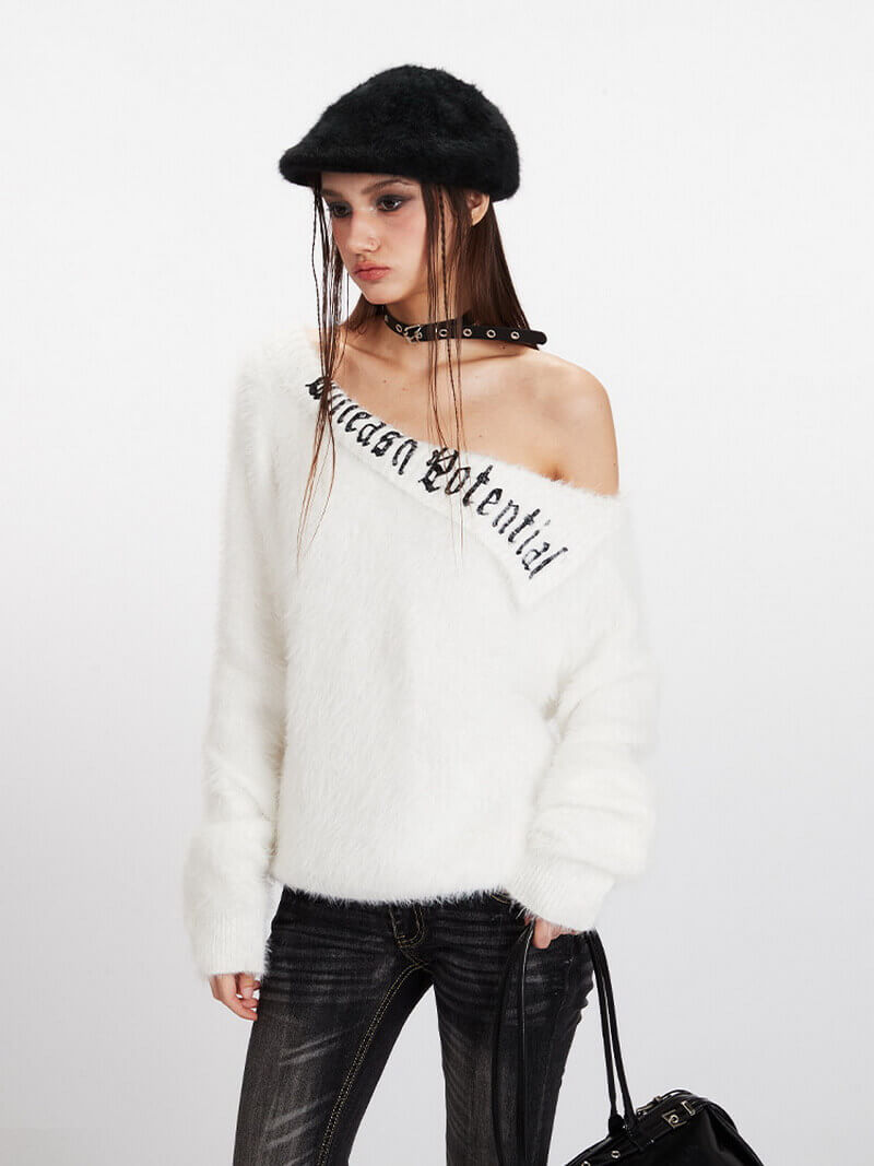 NURO Women's Mohair Boat Neck Knit Top, Off-Shoulder Short Sweater with Embroidery Detail