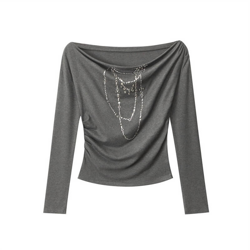 NURO Women's Neckline Print Boat Neck Long Sleeve Crop Top, Slim Fit Glitter T-Shirt