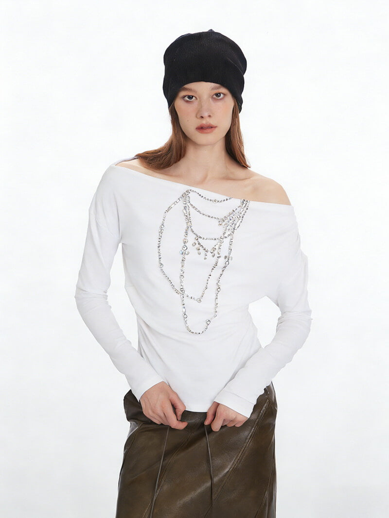 NURO Women's Neckline Print Boat Neck Long Sleeve Crop Top, Slim Fit Glitter T-Shirt