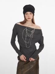 NURO Women's Neckline Print Boat Neck Long Sleeve Crop Top, Slim Fit Glitter T-Shirt