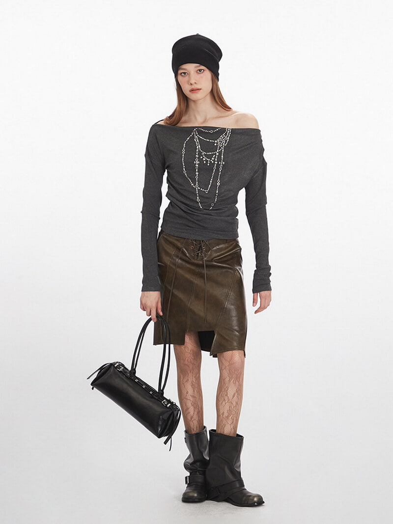 NURO Women's Neckline Print Boat Neck Long Sleeve Crop Top, Slim Fit Glitter T-Shirt